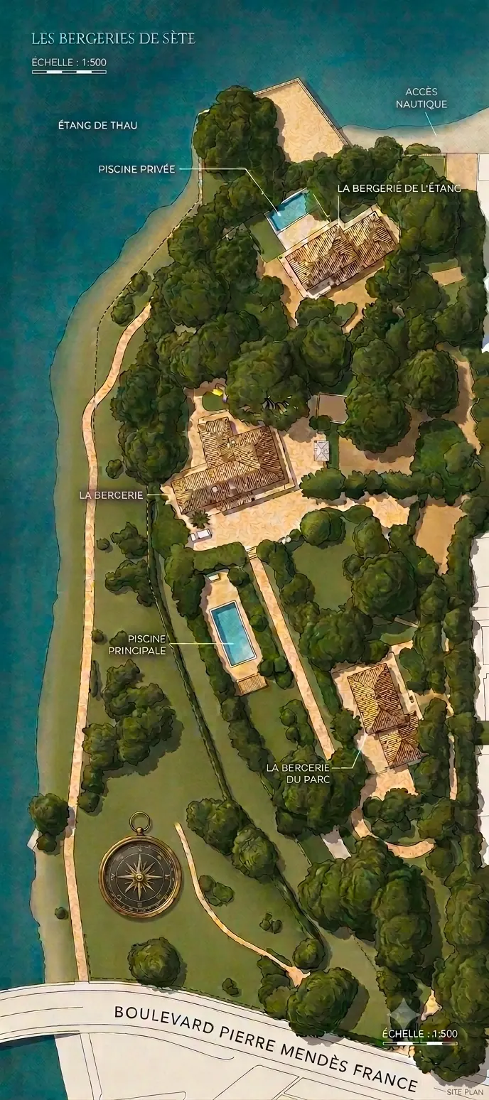 Plan du domaine : les trois Bergeries posées dans le parc
