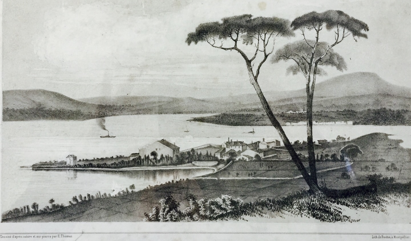 Lithographie du XIXe : la rive de l'étang de Thau, dessinée sur pierre par E. Thomas